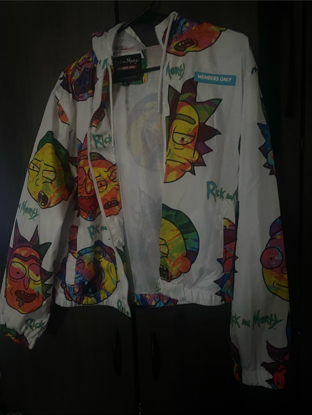 Members Only White Hooded Kids Jacket with Multicolor Rick & Morty Faces